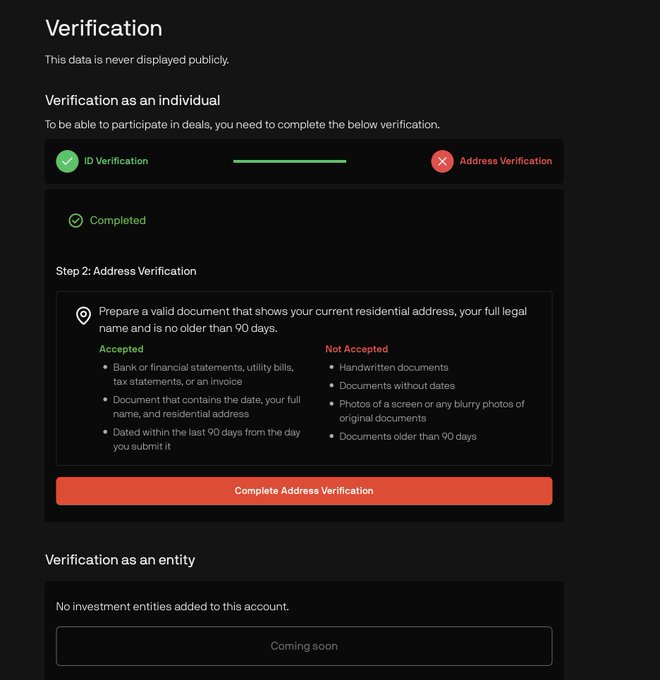 A dark-themed verification page shows "Verification as an individual" with ID Verification marked as completed (green checkmark) and Address Verification incomplete (red X), requiring a document dated within 90 days showing the user's full name and residential address—such as bank statements, utility bills, tax documents, or invoices—while rejecting handwritten or undated documents. This directly illustrates the user's struggle mentioned in the post about struggling to pass Legion's (@legiondotcc) address verification, as their broker statements translated to English and McDonald's receipts were rejected.
