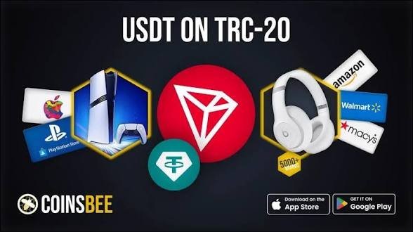 An advertisement for 'COINSBEE' promoting 'USDT ON TRC-20' gift cards, displaying images of PlayStation, Amazon, and Walmart cards alongside the TRON and USDT logos, with App Store and Google Play badges.