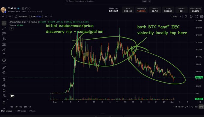 A TradingView chart of ZECAT token showing price at $40.09, with green annotations reading 'initial exuberance/price discovery rip + consolidation' and 'both BTC *and* ZEC violently locally top here' highlighting key chart patterns.