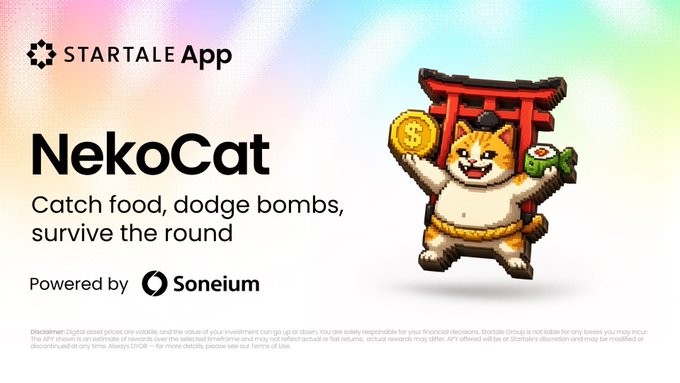 The image features an advertisement for a video game called "nekocat". The advertisement showcases a cartoon cat character holding a gold coin while standing on its hind legs with arms raised high above its head, as if celebrating or victorious. The background of the advertisement is a colorful rainbow, which complements the cat's design and adds to the overall visual appeal. The text in the image reads "Startale App", indicating that this game is available for download through an app on a smartphone. It also mentions that the game is powered by Sonelum, suggesting that it may be a multiplayer or competitive game where players can level up their characters and interact with others online.