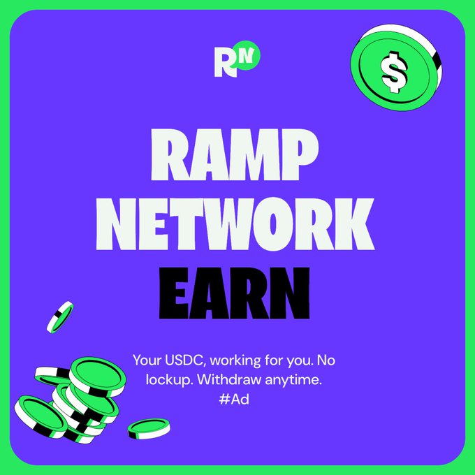 A promotional graphic with a purple background features "RAMP NETWORK EARN" in large bold lettering, alongside the Ramp Network logo and green USDC coin illustrations, with the tagline "Your USDC, working for you. No lockup. Withdraw anytime. #Ad." The image directly supports the post's message about on-chain yield opportunities, visually highlighting the no-lockup USDC earning product being advertised.