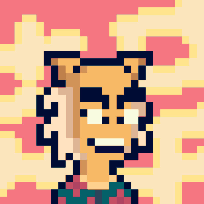 A pixel art portrait of a dark-haired character with a serious expression set against a vibrant pink and yellow background, representing Nebula Bits' self-portrait style shared as a 1/1 NFT piece on their feed.