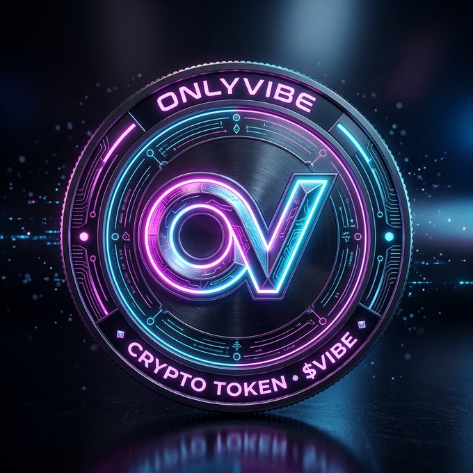 A digital 3D rendering of a glowing neon cryptocurrency coin labeled "ONLYVIBE CRYPTO TOKEN • $VIBE" featuring stylized 'OV' initials in pink and cyan on a dark background.