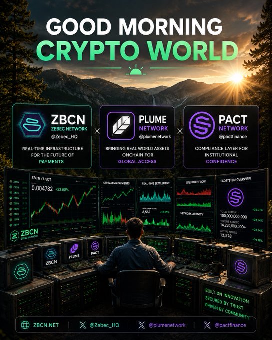 A promotional graphic reading 'GOOD MORNING CRYPTO WORLD' featuring ZBCN (Zebec Network), Plume Network, and PACT Network, with charts and a person at multiple monitors.