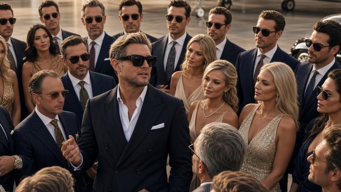 A charismatic man in a tailored suit and sunglasses addresses a glamorous, well-dressed crowd, projecting the exclusive, high-status lifestyle promised by the "$TBB Whale Group" pitch. The image reinforces the post's message of privileged access, using visual cues of wealth and sophistication to entice potential HODLers to DM for entry.