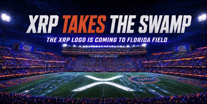 The image shows a dramatic nighttime view of Florida Field ("The Swamp") packed with fans, featuring a glowing XRP logo overlaid on the field at midfield. Bold text reads "XRP TAKES THE SWAMP" with the subtitle "THE XRP LOGO IS COMING TO FLORIDA FIELD," visually promoting Ripple's multi-year partnership with Florida Athletics to feature the XRP branding at Ben Hill Griffin Stadium.