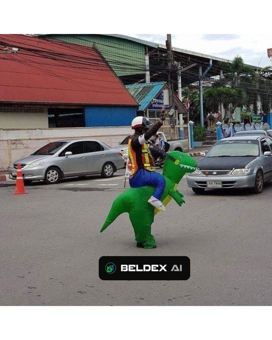 A person in a colorful costume rides an inflatable green dinosaur costume down a city street between parked cars, humorously illustrating the post's joke about internet traffic getting "jammed" by congestion, just like a chaotic dinosaur parading through traffic, while a "BELDEX AI" watermark appears at the bottom of the image.