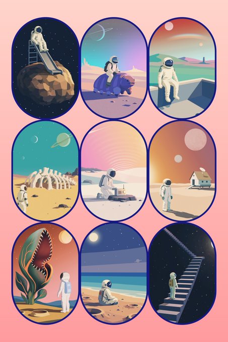 A grid of nine oval-shaped illustrations shows astronauts in various surreal scenarios on different planets, including sitting on rocks, riding a slide into space, and standing near alien plants.
