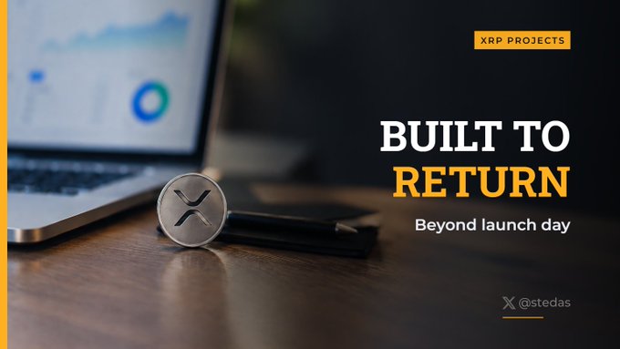 A dark, professional advertisement with the text 'XRP PROJECTS' and 'BUILT TO RETURN Beyond launch day' displays a small XRP coin on a desk in front of a laptop showing charts.