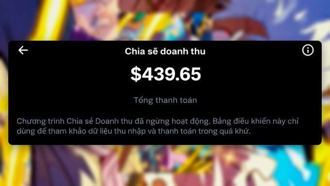 A screenshot showing "Chia sẻ doanh thu" (Revenue Sharing) with a total payment of $439.65, noting the program has stopped operating and the dashboard is for reference only.