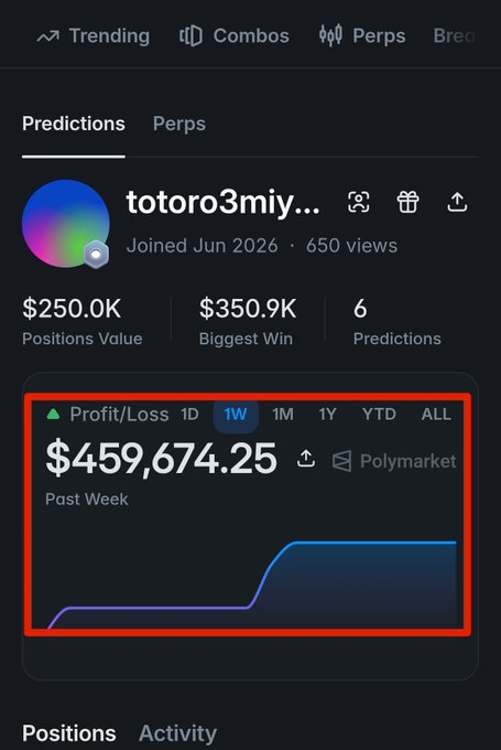 A screenshot of a Polymarket profile for user 'totoro3miy...' showing a 1W Profit/Loss of $459,674.25 highlighted in a red box, with $250.0K Positions Value and $350.9K Biggest Win.