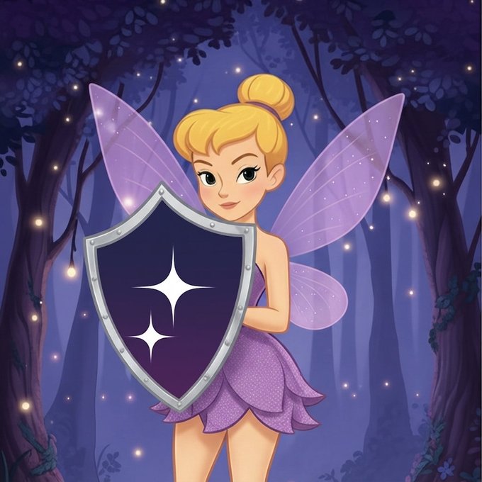 A cartoon fairy with blonde hair in a bun, purple wings, and a purple dress, holding a dark blue shield with white sparkles in a magical forest setting.