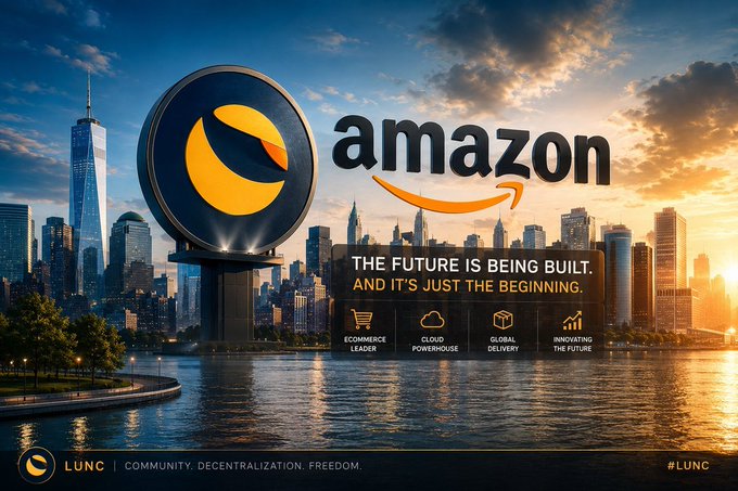 The image is a promotional graphic featuring the Amazon logo alongside the tagline "THE FUTURE IS BEING BUILT. AND IT'S JUST THE BEGINNING," highlighting Amazon as an "ECOMMERCE LEADER," "CLOUD POWERHOUSE," and "GLOBAL DELIVERY" innovator. It includes the LUNC branding ("COMMUNITY. DECENTRALIZATION. FREEDOM.") at the bottom, supporting the post's pitch for Amazon to integrate LUNC cryptocurrency as a payment option due to its fast, low-cost transactions.