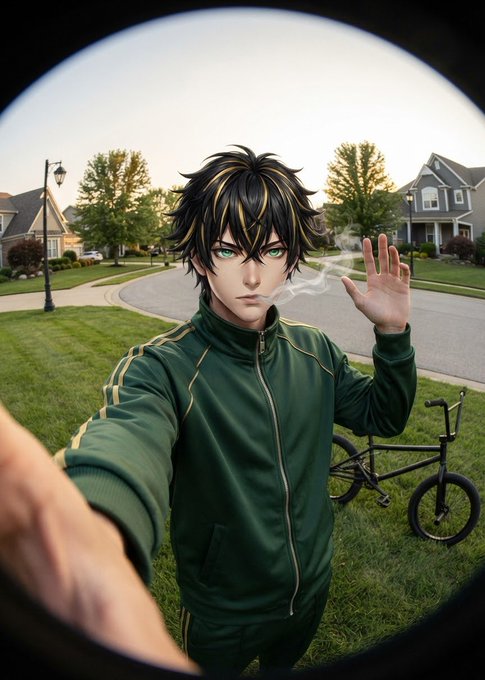 An anime-style illustration shows a young man with black and blonde hair in a green tracksuit, taking a selfie in a suburban neighborhood with a BMX bike behind him.