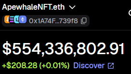 A screenshot of a cryptocurrency wallet showing "ApewhaleNFT.eth" with a balance of $554,336,802.91 and a +$208.28 (+0.01%) change.