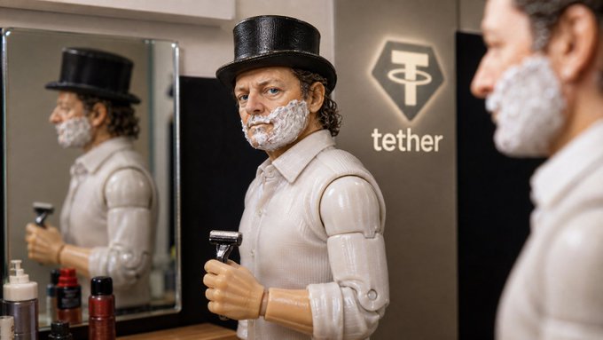 An action figure of a man wearing a top hat with shaving cream on his face and holding a razor, displayed in front of a mirror with a 'tether' logo visible.