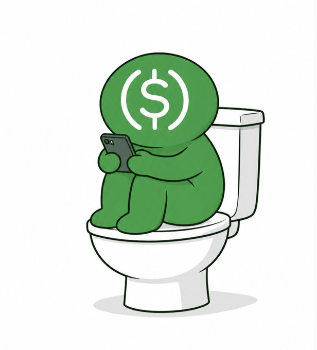 A simple cartoon illustration shows a green figure with a dollar sign on its head sitting on a toilet while looking at a smartphone.