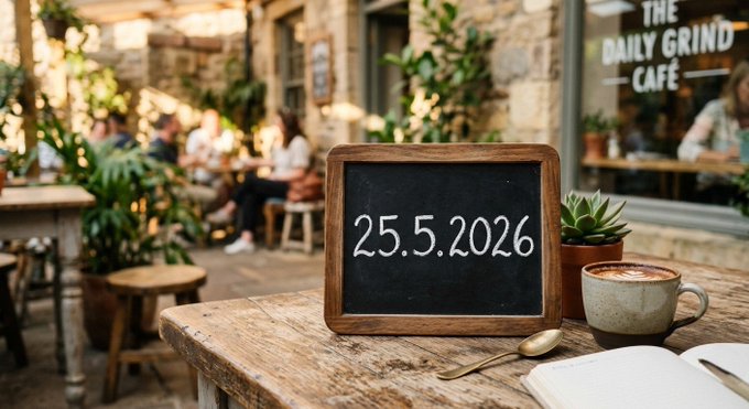 iced coffee, blackboard with date and location, and a plant are present on a wooden table outside "The Daily Grind" cafe.