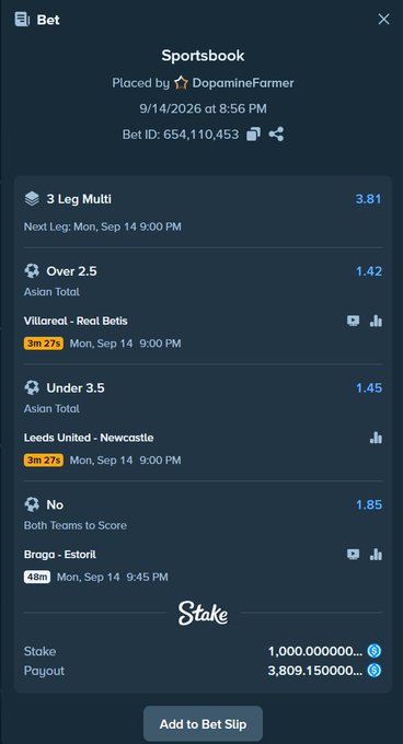 A Stake sportsbook bet slip posted by user DopamineFarmer showing a 3-leg multi betting on Villarreal vs Real Betis (Over 2.5 at 1.42), Leeds United vs Newcastle (Under 3.5 at 1.45), and Broga vs Estoril (No Goalscorer at 1.85), with a stake of 1,000,000,000 and potential payout of 3,809,150,000 at 3.81 odds, tied to a giveaway promotion.