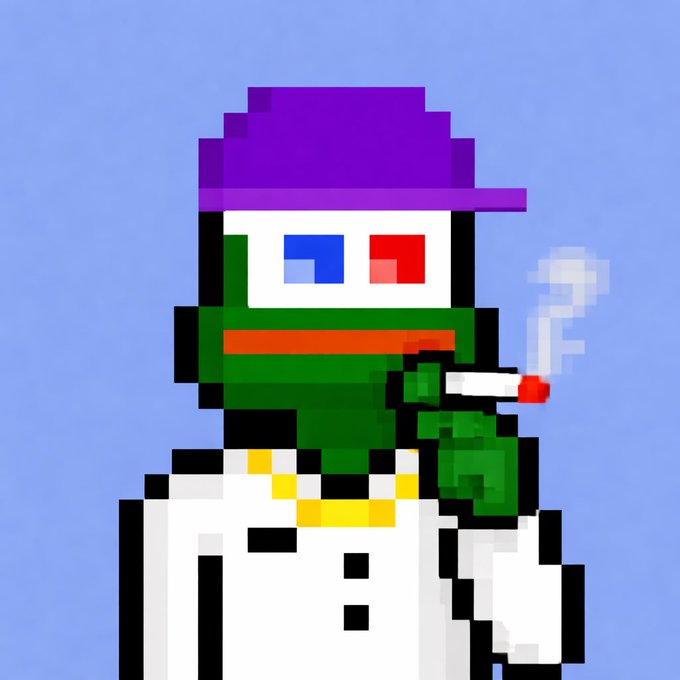 Pixel art of a green frog-like character wearing a purple hat and white coat, smoking a cigarette with 3D glasses on.