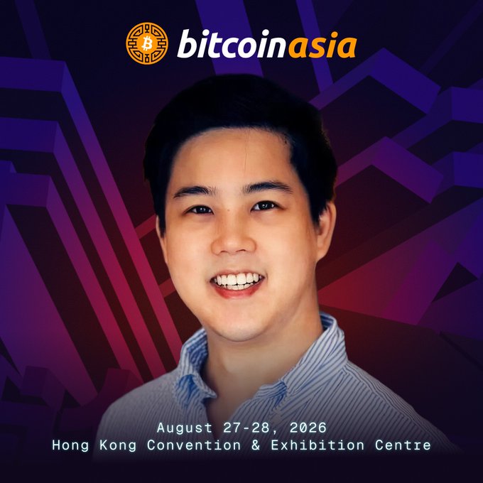 A promotional poster for 'bitcoinasia' featuring a smiling young man in a blue striped shirt against a purple geometric background, with text reading 'August 27-28, 2026 Hong Kong Convention & Exhibition Centre.'