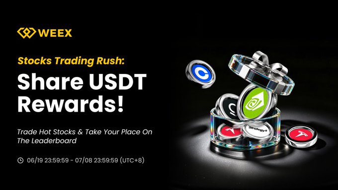 The image features a black background with text about trading rewards for stocks. The text states that "Stocks are moving. Your rewards depend on your position. Trade hot stock pairs on WEEX, climb the leaderboard, and claim your share of USDT rewards. First 300 qualified traders win. Are you one of them?" The text also mentions that "Trade hot stock pairs on WEEX". There is a small image in front of the text that appears to be an illustration related to the trading rewards system.