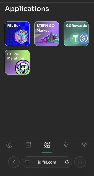 A mobile browser screen showing applications on id.fsl.com, including FSL Box, STEPN GO Market, GGRewards, and STEPN Marathon.