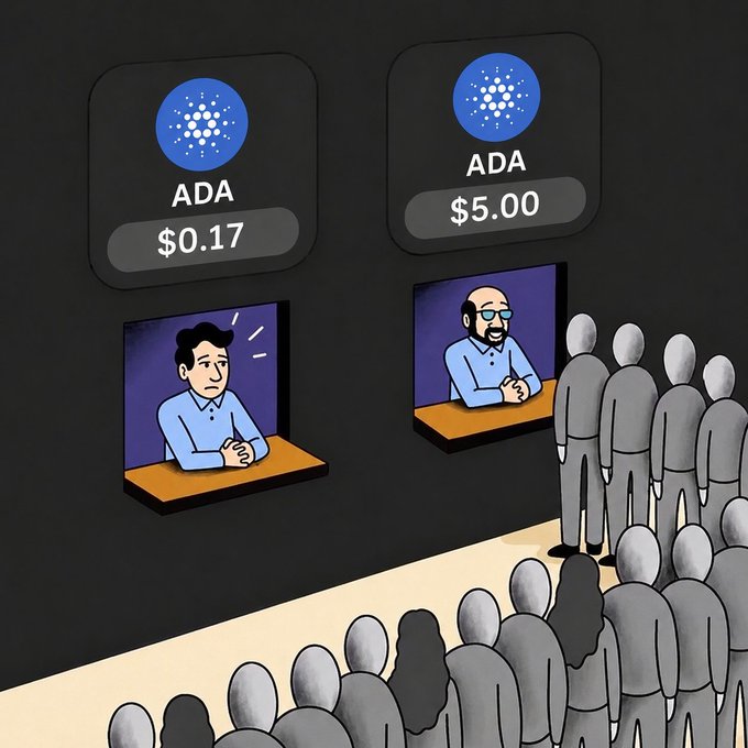 An illustration shows a crowd gathered before two displays: one shows ADA at $0.17 with a young man, while the other shows ADA at $5.00 with a confident, smiling man—visually representing the optimistic sentiment of the post that asks viewers whether they believe ADA could reach $5.