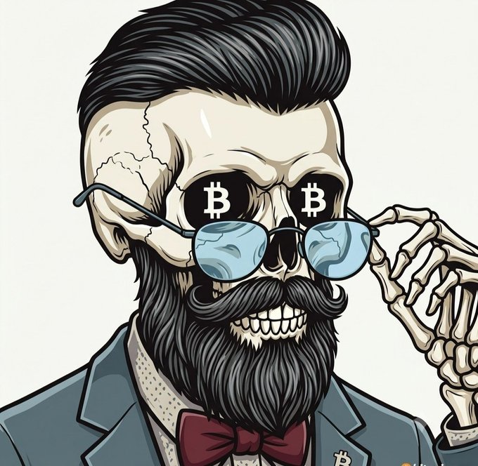 A stylish skeleton with a slick pompadour, beard, and bowtie peers through round sunglasses, his eye sockets filled with Bitcoin "₿" symbols. The image perfectly matches the "gm degens" post, as the undead hipster's vision is entirely consumed by $BTC—literally seeing nothing but Bitcoin.