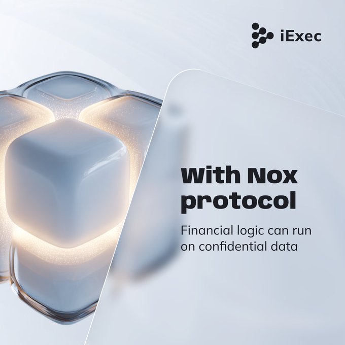 The image features an illustration of a white cube with a light shining through its center. The text "With Nox protocol" is written above the cube, while the phrase "Financial Logic can run on confidential data" is below it. This suggests that the image is related to the concept of smart contracts and their use in financial systems for secure data management.