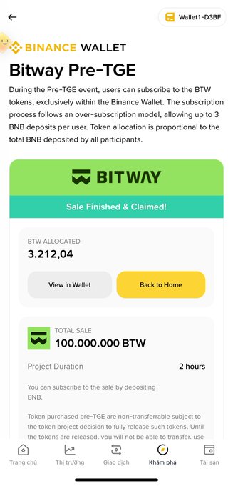 A Binance Wallet interface for the 'Bitway Pre-TGE' sale, showing 'Sale Finished & Claimed!' with 3.212,04 BTW allocated out of a total sale of 100,000,000 BTW.
