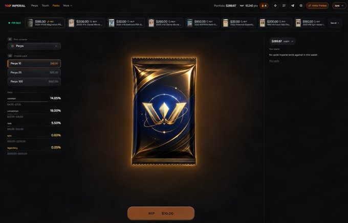 An Imperal marketplace page showing an unpurchased Perpa 10 NFT wallet pack priced at $10.00, displaying completion stats including 74.89% sold for launch time.