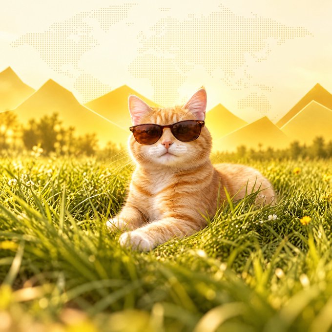 An orange tabby cat wearing black sunglasses lounges in a sunlit field of green grass with mountains and a golden, halftone-styled sky in the background, perfectly embodying the carefree, "touching grass" vibe of soaking in nature.