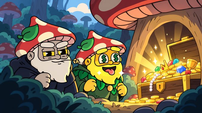 A colorful cartoon illustration shows two characters with mushroom-cap hats discovering a treasure chest filled with gold coins and gems in a forest setting.