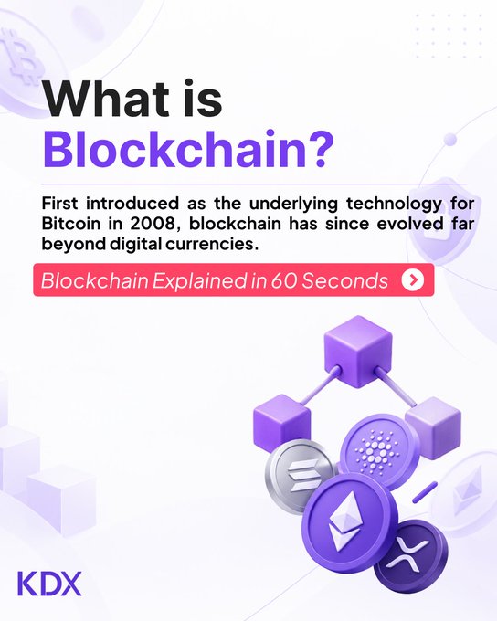 An infographic titled 'What is Blockchain?' by KDX, stating it was first introduced as the underlying technology for Bitcoin in 2008, featuring purple 3D cryptocurrency icons.