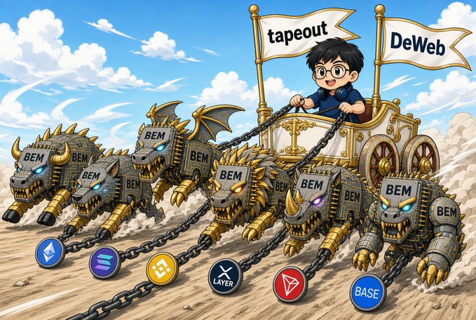 A cartoon illustration shows a boy labeled 'tapeout' driving a chariot pulled by dragon-like beasts labeled 'BEM' and 'DeWeb', with various crypto coin logos chained below.