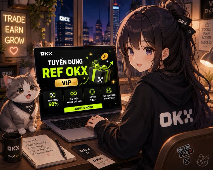 Anime-style promotional artwork for OKX exchange featuring a dark-haired girl in an OKX hoodie and a cat next to a laptop displaying 'TUYỂN DỤNG REF OKX VIP' recruitment banner.