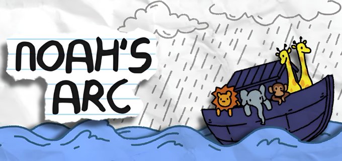 An illustration labeled 'Noah's Arc' showing giraffes, a lion, an elephant, and a monkey on a wooden boat during a rainstorm.