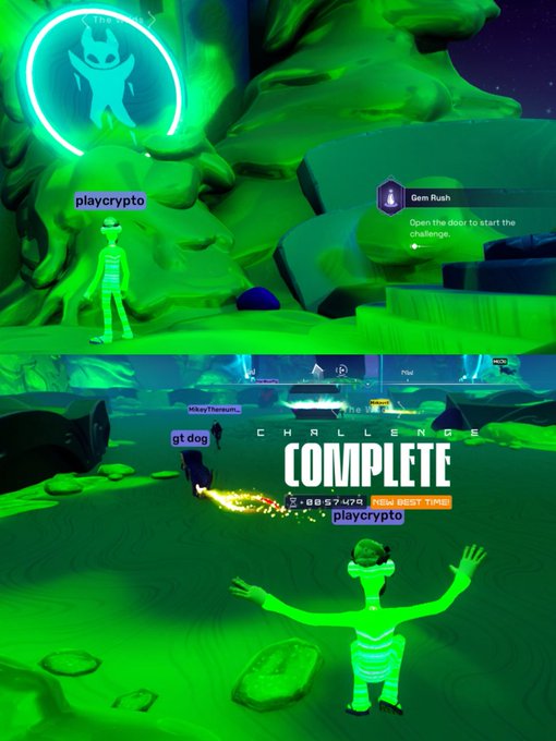Screenshots from a 3D game showing players with usernames "playcrypto" and "gt dog" in a green-tinted environment, with the second image displaying a "CHALLENGE COMPLETE" message, a score of 2,008,7428, and "TIME BEST TIME" near a glowing tree entrance marked "Gem Rush".
