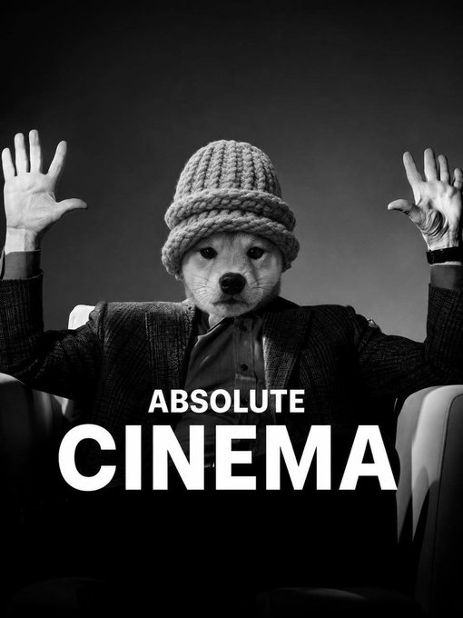 A black-and-white image shows a dog wearing a knit beanie and a tweed jacket, with human hands raised on either side, set against a dark background. Bold white text reads "ABSOLUTE CINEMA," reinforcing the surreal, meme-worthy absurdity of the scene that pairs with the post's tongue-in-cheek warning about "normies."