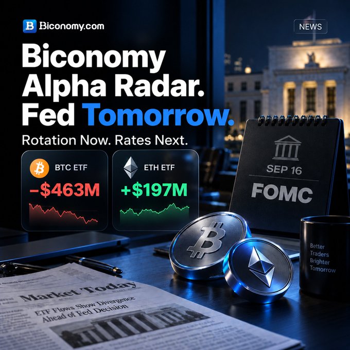 A Biconomy.com news graphic titled 'Biconomy Alpha Radar. Fed Tomorrow.' showing BTC ETF at -$463M and ETH ETF at +$197M, with a FOMC SEP 16 calendar and images of Bitcoin and Ethereum coins on a desk.