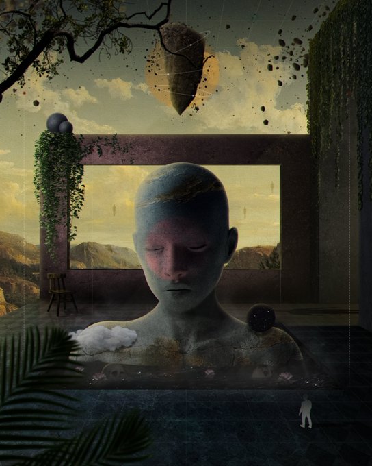 A surreal digital artwork features a large serene bald figure in the foreground, with a floating rock, dramatic clouds, and a small white figure in a dreamlike architectural setting.