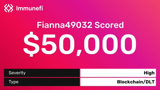 The image is an Immunefi bounty award graphic showing that researcher Fianna49032 earned $50,000 for a high-severity blockchain/DLT vulnerability, complementing the post's congratulations on the security researcher's bounty and "SR Summer" earnings.