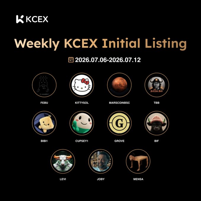 A dark-themed graphic titled "Weekly KCEX Initial Listing" for the dates "2026.07.06-2026.07.12," showing a grid of 11 circular icons for various cryptocurrencies, including FEBU, KITTYSOL, MARSCOINBSC, and TBB.
