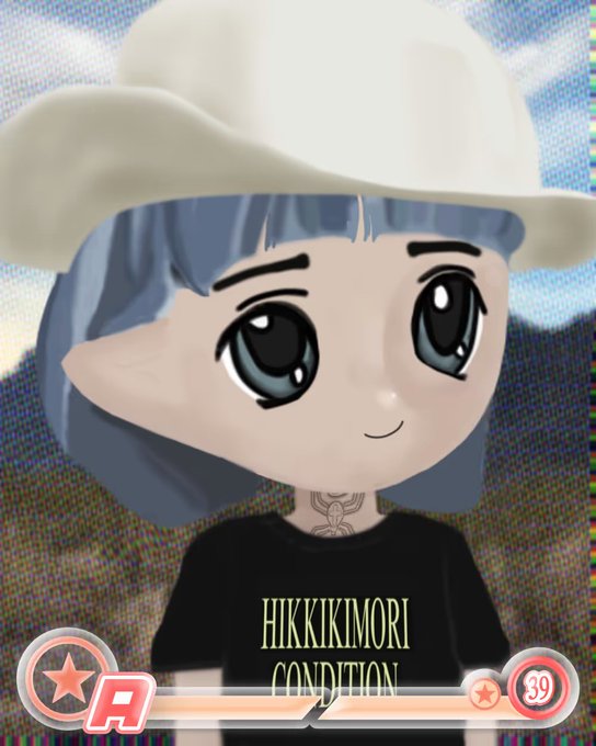 An anime-style character with blue hair and large eyes wearing a white cowboy hat and a black "HIKKIKIMORI CONDITION" t-shirt against a grainy, glitch-effect background, paired with a stylized "A 39" logo. The image's reclusive, melancholic aesthetic and bold self-identifying shirt caption the "milady" post as an ironic, degen-internet style expression of introverted identity.