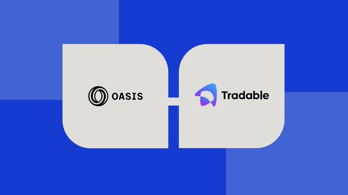 The image features the OASIS and Tradable logos on a blue background, visually representing the partnership between the two platforms discussed in the post about Tradable's SenseAI and the importance of private, user-controlled trading prompts.