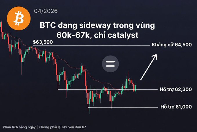 A financial chart of Bitcoin (BTC) with text in Vietnamese: '04/2026 BTC đang sideway trong vùng 60k-67k, chờ catalyst,' showing resistance at 64,500 and support at 62,300 and 61,000.