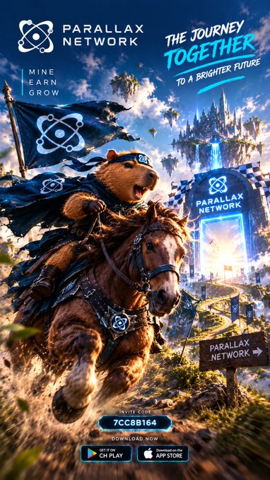 A promotional poster for 'Parallax Network' cryptocurrency with a bear character in armor on horseback holding a flag, featuring the tagline 'The Journey Together to a Brighter Future,' invite code '7CC8B164,' and Google Play/App Store download buttons.