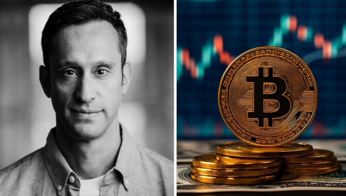 A black-and-white portrait of Scott Melker is paired with a stack of gold Bitcoin tokens set against a candlestick chart backdrop, visually reinforcing his point about Bitcoin's role as a hedge against inflation rather than a get-rich-quick asset. The juxtaposition of his thoughtful expression with the cryptocurrency imagery underscores his message that BTC is becoming a financial necessity as fiat currencies depreciate.