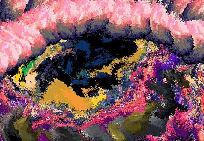 An abstract, colorful digital artwork with pink, blue, yellow, and purple chaotic pixelated textures.